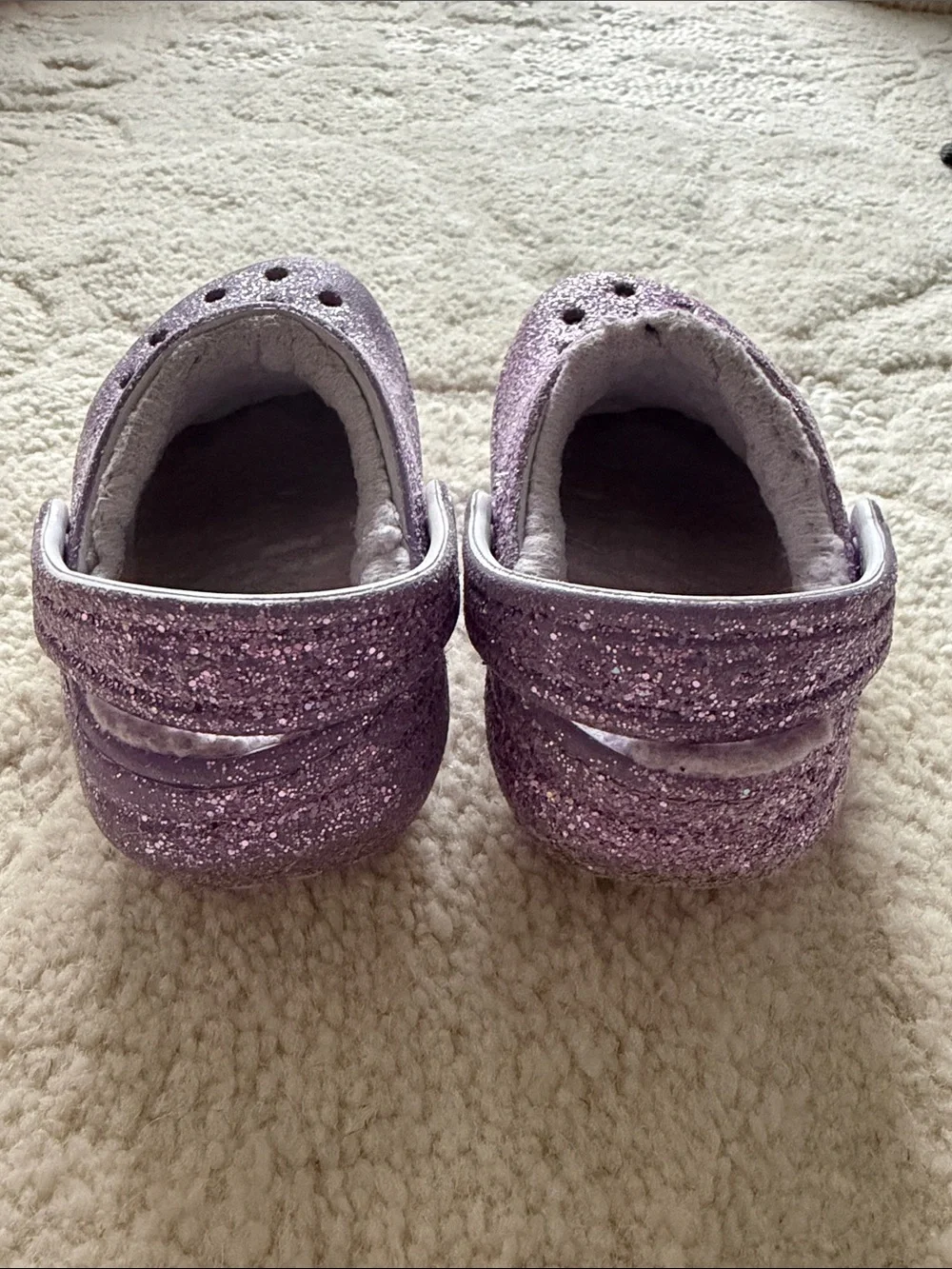 Crocs size 7 Kids Glitter Purple Clog Shoes - Cozy Slip-On